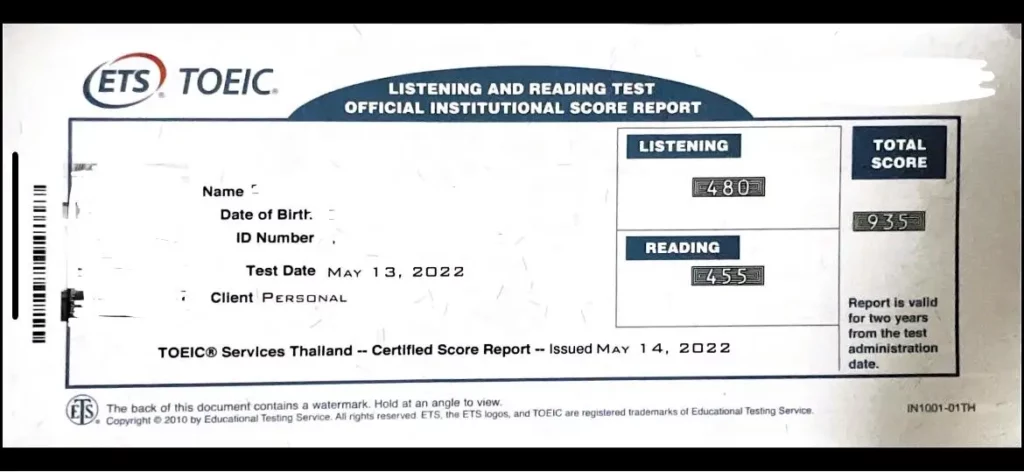 Chatchaya Tery test score card